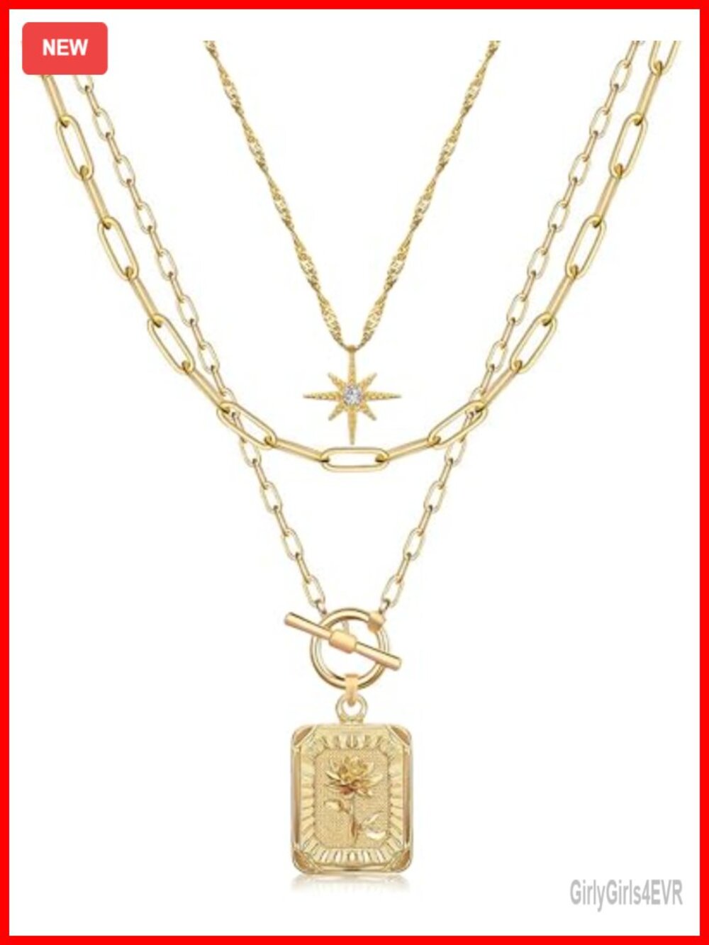 3-Piece Layered Paperclip Chain Necklace Set, 14K Gold Plated Brass